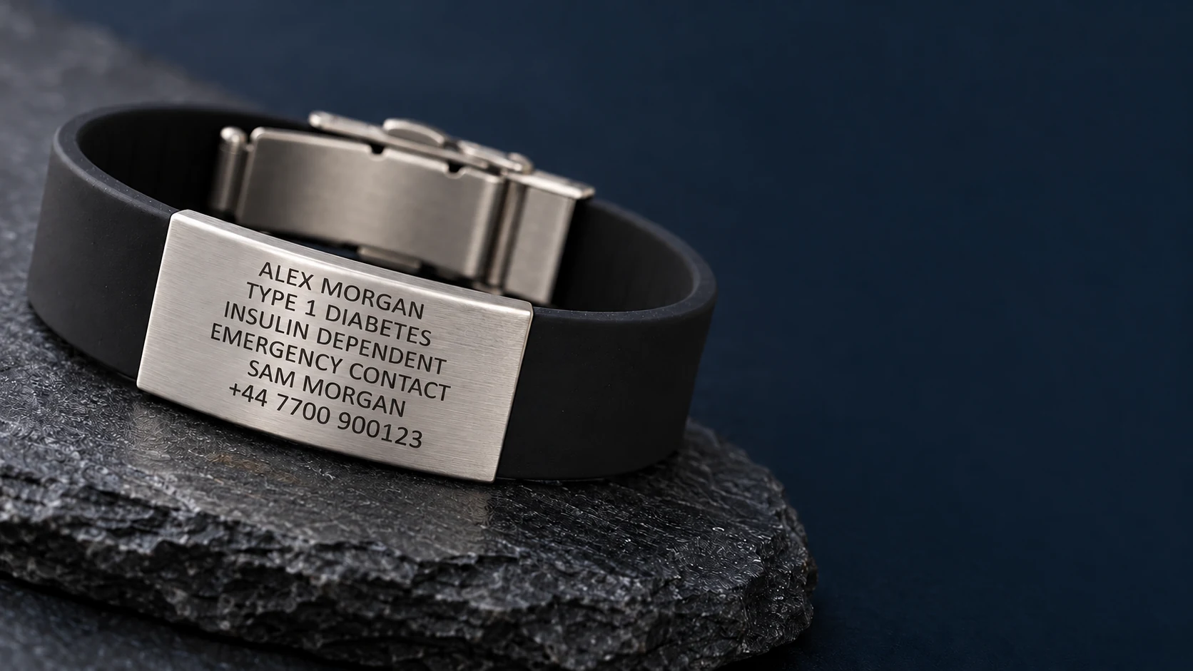 Schwarzes ID-Armband aus Silikon mit graviertem, gebürstetem Stahlplättchen und Verschluss, auf einem Schieferstein vor dunkelblauem Hintergrund